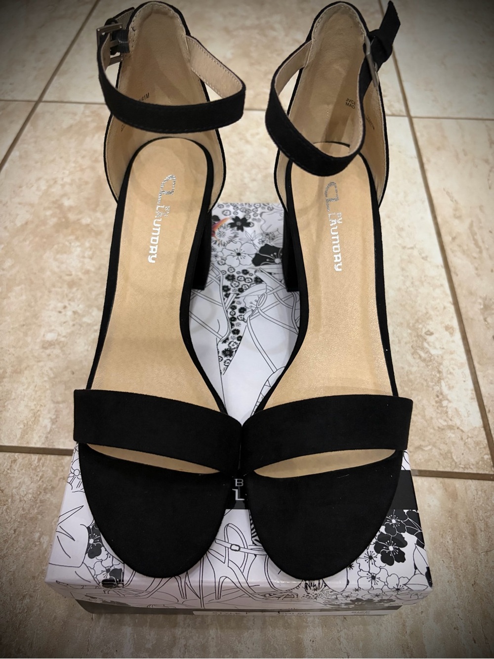 CL by Laundry Black Suede Ankle-Strap Block Heel Sandals with Open Toe